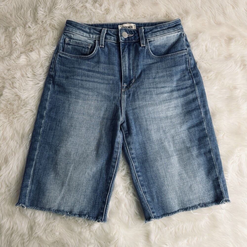 L Agence High Rise Bermuda Cut Off Shorts 23 Blue Stretch Womens Measures W24